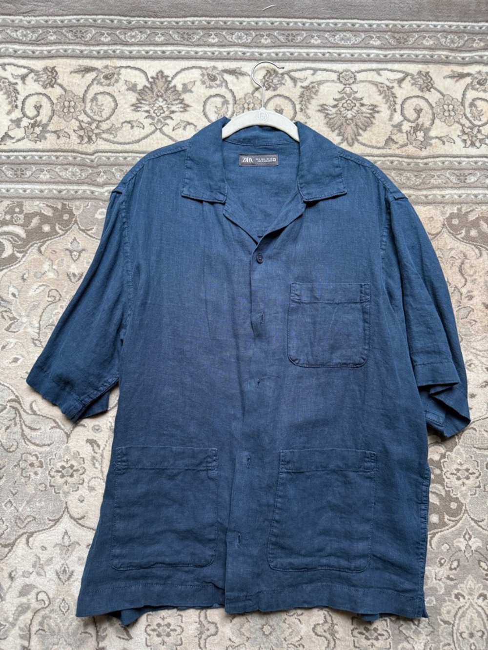Zara Teal Blue Short-Sleeve Linen Shirt